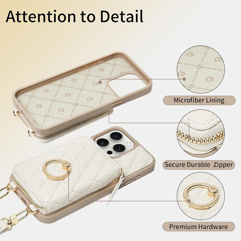 ZVE Crossbody Wallet Case for iPhone 14 Pro Max with Wrist Strap Protective Leather Lanyard Case with Card Slot Ring Holder for iPhone 14 Pro Max 6.7 Inch-Beige - Image 4